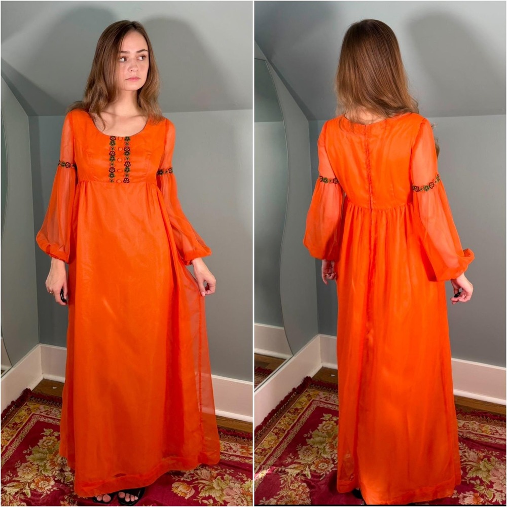 Vintage 1960s Medieval Renaissance Dress Pumpkin Orange Fall 60s Halloween Small